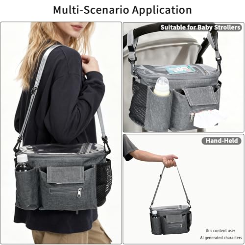 Smlper Stroller Organizer with Insulated Cup Holders - Universal Stroller Caddy Bag Fits for Uppababy, Baby Jogger, Nuna - Detachable Shoulder Strap & Large Storage for Diapers, Wipes (Grey)