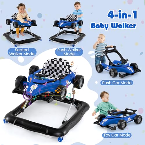 HONEY JOY Baby Walker, 4-in-1 Foldable Infant Activity Push Walker, Toddler Car Walker with Adjustable Heights, Music, Lights, Padded Seat, Baby Walker with Wheels for Boys Girls 6-18 Months (Blue)