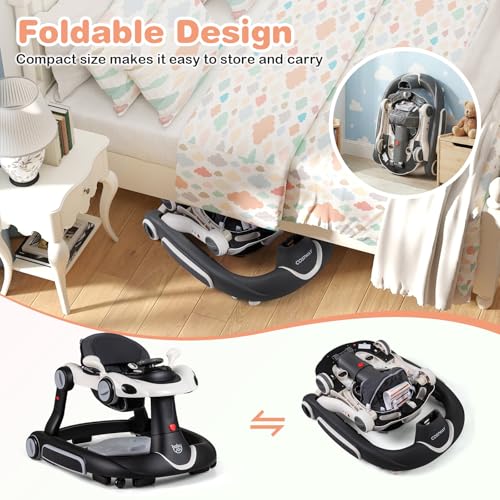 BABY JOY 7-in-1 Baby Walker, Foldable Baby Walker and Bouncer Combo with Handle, Adjustable Height & Speed, Music, Lights, Rocker/Push Mode, Baby Walker with Wheels for Boys Girls 7-18 Months (White)