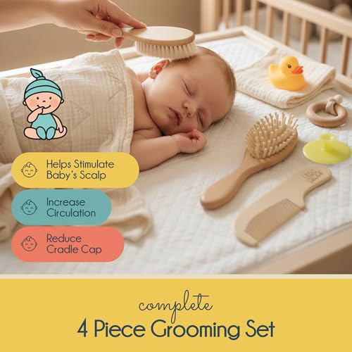 Little Tinkers World Baby Hair Brush and Comb Set 4-Piece Natural Wooden Set with Soft Goat Bristle Brush, Cradle Cap Brush & Comb Newborn Baby Registry Gift for Boys and Girls