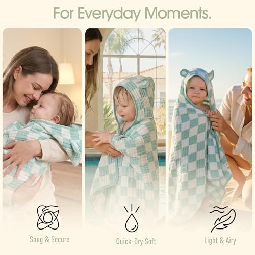 HardNok Ultra-Soft Muslin Toddler Hooded Towel - 55 x 28 Inches, Ideal for Bath & Beach, Suitable for Both Boys & Girls from Newborns to Toddlers Green Check