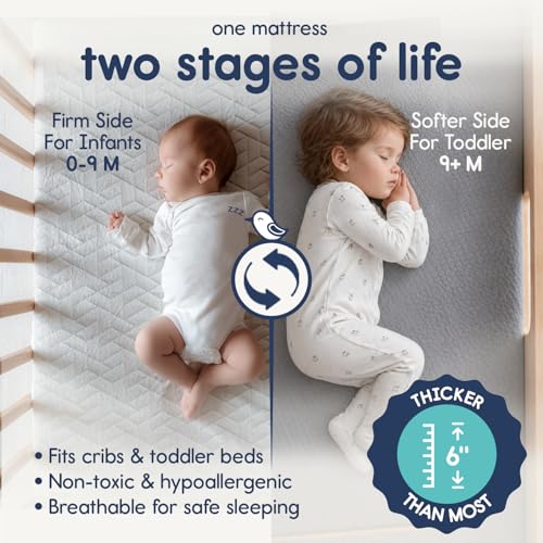 Hiccapop Baby Crib Mattress, Waterproof, Dual Sided Foam Baby Mattress, Firm Side for Babies, Soft Memory Foam Side for Toddlers, Made in USA