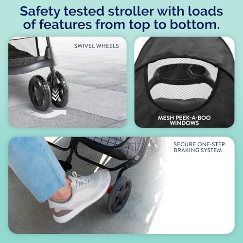Kolcraft Cloud Plus Lightweight Double Stroller Side-by-Side for Infant Toddler, Compact Folding Travel System with Reclining Seats, Canopies, Storage Basket, Trays, Easy Maneuver - Slate Gray