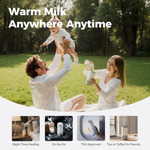 WONDBORN Portable Bottle Warmer for Travel, Dishwasher Safe, 3X Faster & Even Heating, 8 Feeds per Charge, 17oz, 1℉ Precise Adjust, Thaw, Keep Warm, Use While Charging, for Breastmilk & Formula