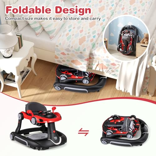 BABY JOY 7-in-1 Baby Walker, Foldable Baby Walker and Bouncer Combo with Handle, Adjustable Height & Speed, Music, Lights, Rocker/Push Mode, Baby Walker with Wheels for Boys Girls 7-18 Months (Red)