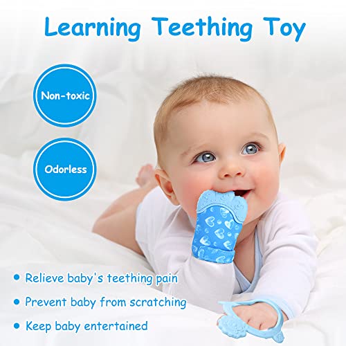 Vicloon Silicone Teething Mitt, 2Pcs Baby Teething Mitten with Adjustable Strap, Crinkle Sound and Textured, Self Soothing Baby Chew Toys for 0-6 Month Infants
