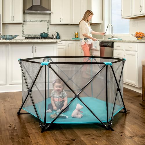 Regalo Safety My Play Portable Baby Playpen & Play Yard, Foldable 6-Panel Indoor Outdoor Playpen for Babies & Toddlers, Mesh Sides, Washable Fabric, 48”, Aqua/Black