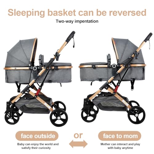 2 in 1 Baby Stroller Newborn Stroller Foldable Convertible Infant Stroller Pushchair Folding High Landscape Infant Carriage,Toddler Pushchair Gray Baby Stroller