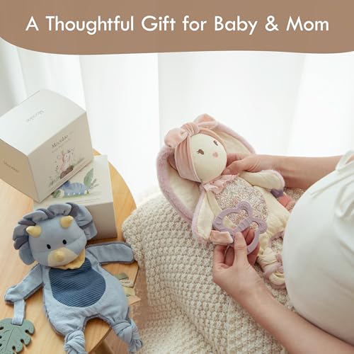 Moonkie Baby Lovey with Silicone Teether, Bunny Security Blanket with Textured Ribbons, Crinkle Toys, Soft Minky Velour & Natural Cotton, Newborn Girl Gift for Baby Shower or Birthday