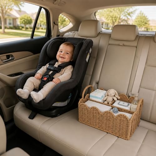wwmayfeel Diaper Caddy Organizer, Paper Rope Storage Baskets Nursery Bin with Removable Divider, Woven Scalloped Portable Car Organizer for Diapers, Baby Shower Gifts, Newborn Essentials Must Haves