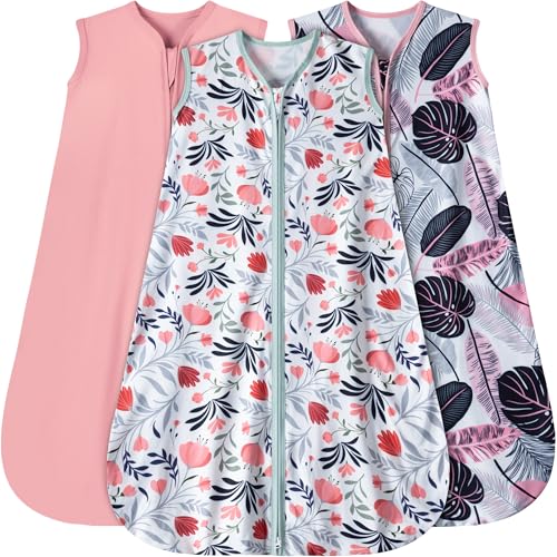 GUNTAIL Baby Sleep Sack 6-12 Months 3 Pack Baby Wearable Blanket 100% Rayon Cotton 2-Way Zipper Toddler Sleeping Sack .Comfy Soft Lightweight TOG 0.3 (Banana&Flower&Pink,)