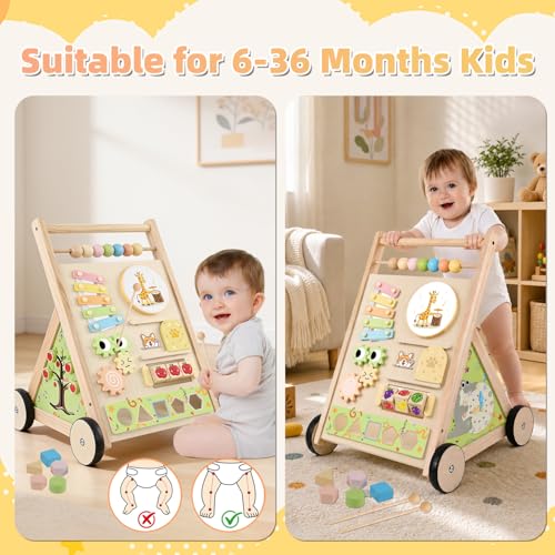 Wooden Baby Walker with Wheels Baby Push Walker for Boys Girls 6-12 Months Wooden Walker Activity Center Walking Toys for 1 Year Old Learning to Walk Sit to Stand Walker for Baby 12-18 Months Push Toy
