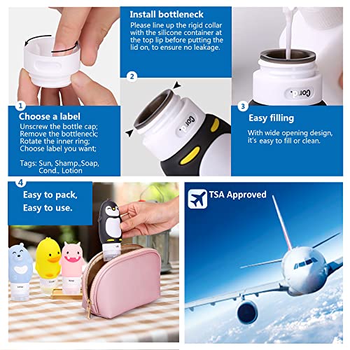 kemozaka Cute Silicone Travel Size Bottles Set for Toiletries, BPA Free, Leak Proof Squeezable Travel Containers With Built-in Labels, TSA Approved Refillable Travel Essentials Accessories (4pcs)