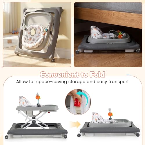BABY JOY Baby Walker, Foldable Activity Walker with Adjustable Height, Large Tray & Removable Toys, Baby Walker with Wheels for Boys Girls 6-12 Months (Gray)
