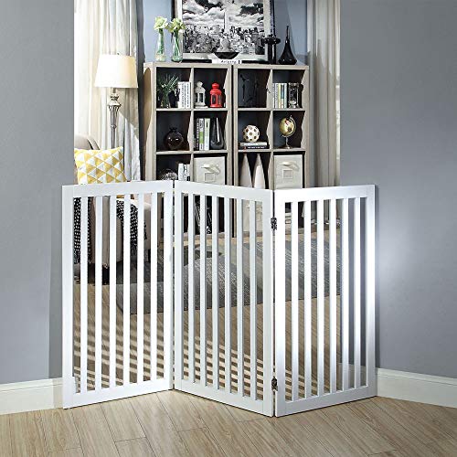 unipaws 36”H Free Standing Pet Gate for Dog Cat, Tall Wooden Gates for Doorway, Stairs, Foldable Pet Fence for The House, Expandable Dog Barrier, Indoor Use, White