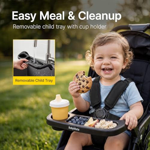 BabyVista Lightweight Umbrella Stroller, Travel Stroller with Near-Flat Recline & Snack Tray, Compact Folding with One Hand, UPF50+ Sun Canopy, Theme Park Approved