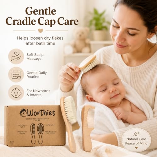 Worthies Baby Hair Brush and Comb Set, Wooden Newborn Brush with Soft Goat Hair Bristles, Gentle Infant Scalp Brush & Toddler Comb, Baby Grooming Kit, Cradle Cap Care, Registry Gift, 2 Count