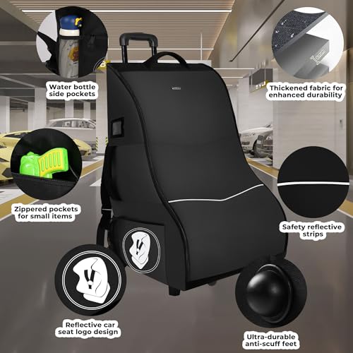 Wurzfolk Rolling Car Seat Travel Bag with Wheels – Car Seat Backpack Transport Case for Airplane Travel, Fits Convertible & Booster Seats, Protective Storage Cover, Black