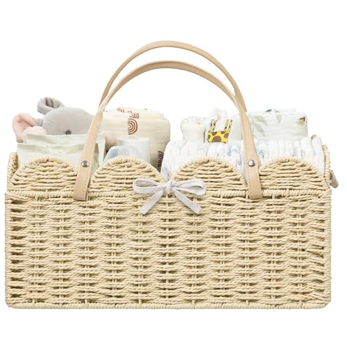HBlife Large Baby Diaper Caddy, Paper Rope Storage Baskets Nursery Bin with Removable Divider, Portable Car Organizer for Diapers, Baby Shower Gifts, Newborn Essentials Must Haves
