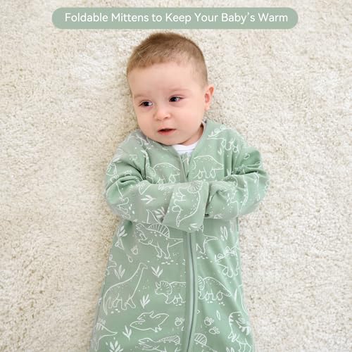 FIEMOL Baby Sleep Sack 6-12 Months, Long Sleeve Baby Wearable Blanket 0.5 Tog with Mittens, 2-Way Zipper Infant Cotton Sleeping Sack for Boy and Girl Green Dinosaur 2 Pack (Medium)