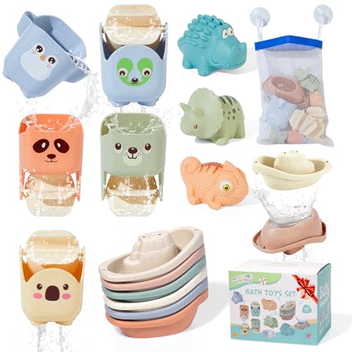 Baby Bath Toys for Kids Ages 1-3, 14 Pack Mold Free Bath Toys Toddlers 2-4 Bathtub Toys with Floating Boats&Cups and No Hole Bath Toy for Babies 6-12 Months Gifts for Boys & Girls