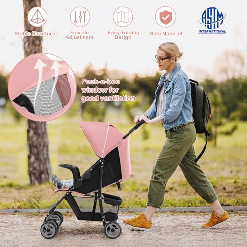 HONEY JOY Lightweight Stroller, Compact Travel Stroller for Airplane, Toddler Fold Pushchair w/Adjustable Canopy & Backrest, Storage Basket, Umbrella Stroller for Infants (Pink)