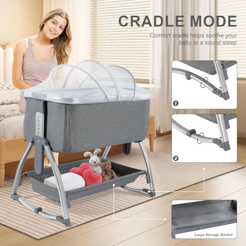 Elevon Bedside Bassinet, 4-in-1 Baby Bedside Sleeper with Rocking Mode, Breathable Mesh, Built-in Wheels, Adjustable 7 Heights, Portable Infant Bassinet with Mattress and Storage