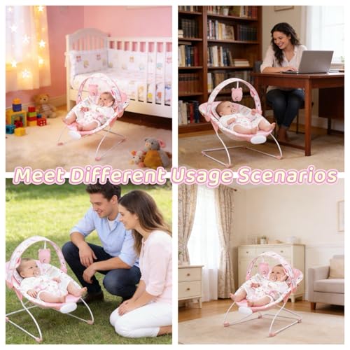 Portable Baby Bouncer Seat with 8 Melodies, 3 Vibration Levels & Adjustable Volume, Foldable Infant Bouncer Rocker with Safety Harness for Baby 0-6 Months, Indoor & Outdoor Use BR2402