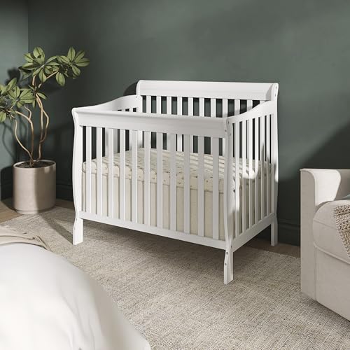 Dream On Me Aden 4-in-1 Convertible Mini Baby Crib, GREENGUARD Gold & BSA Certified, Sustainable Pinewood, Non-Toxic Finish, 3 Mattress Heights, Converts to Mini Day & Twin-Size Bed - White
