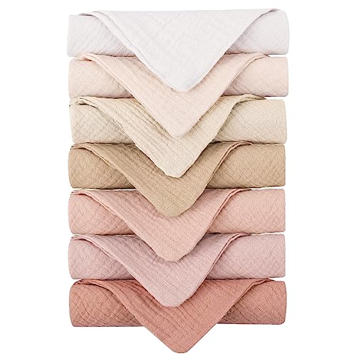 Konssy Baby Muslin Washcloths 7-Pack, 100% Cotton Baby Bath Washcloths, Soft & Absorbent Wash Cloths and Burp Cloths for Newborn Kids Girls & Boys, 11x11 inches