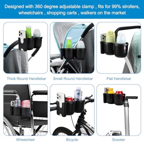 Accmor Stroller Cup Holder with Phone Holder, Bike Cup Holder, Universal Cup Holder for Uppababy Nuna Doona Strollers, 2-in-1 Cup Holder for Walker, Wheelchair, Scooter