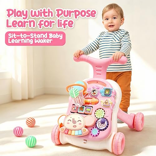 CUTE STONE 2-in-1 Baby Walker for Girls, Toddlers Learning Walker, Early Educational Push Walking Toys with Detachable Activity Center for Infants 12+ Months
