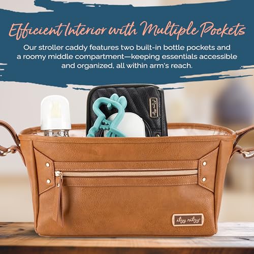 Itzy Ritzy Adjustable Stroller Caddy and Organizer Bag Featuring Front Zippered Pocket, 2 Built-in Interior Pockets & Adjustable Straps to Fit Nearly Any Stroller (Cognac)