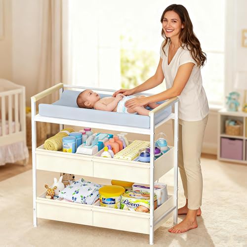 Cidaziya Baby Changing Table with Safety Bumper, Sturdy Diaper Change Station with Adjustable Devider in Large Storage Bin, Nursery Dresser for for Cloth Change, Baby Furniture Diaper Organizer,White