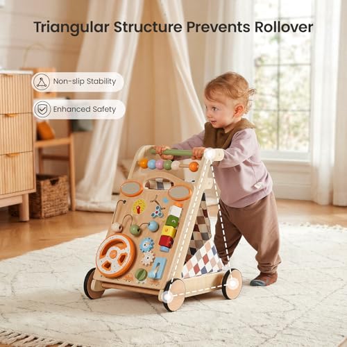 GROWNSY Wooden Baby Walker with Wheels, 3-in-1 Sit-to-Stand Baby Walker with Adjustable Speed, Montessori Push Walker with 7-in-1 Removable Activity Panel, First Birthday Gifts for Boys & Girls