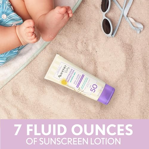 Aveeno Baby Continuous Protection Zinc Oxide Mineral Sunscreen Lotion for Sensitive Skin, Broad Spectrum SPF 50, Tear-Free, Sweat- & Water-Resistant, Paraben-Free, Non-Greasy, 7 fl. oz