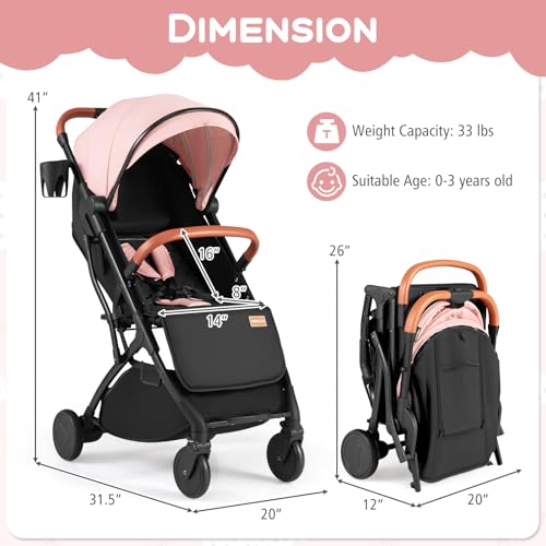 BABY JOY Lightweight Stroller, Compact Travel Stroller with One-Hand Fold, Adjustable Backrest, Canopy, Cup Holder, Footmuff & Storage Basket for Toddlers (Pink)