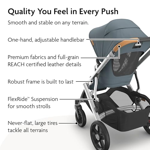 UPPAbaby Vista V3 Stroller - Full-Size Single-to-Double Stroller System - Toddler Seat, Bug Shield, Rain Shield, and Storage Bag Included - Callum (Stone Blue/Silver Frame/Sand Leather)