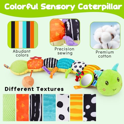 Topsochir Baby Sensory Toys 0-6 Months Music Animal Stuffed Plush Caterpillar Toy for Infant 0-3-6-12 Month Old Tummy Time with Mirror Crinkle Rattle Toys for Newborn Boys Girls Shower Birthday Gifts