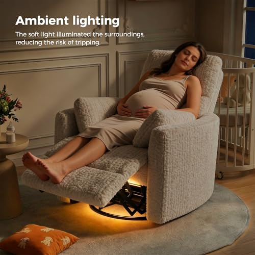 HUSFU Power Swivel Rocker Recliner Chair, Nursery Glider Rocking Chair for Adults with Nightlight and USB & Type-C Ports, Comfy Plush Recliner Chairs for Living Room, Bedroom, Cream