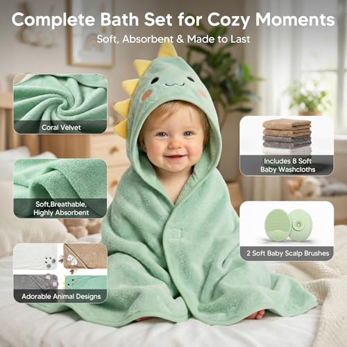 YEFAJUMP 14 PCS Baby Bath Towels Set with 4 PCS Hooded Baby Towels, 8 PCS Washcloths & 2PCS Bath Brush for Infants & Toddlers, Ultra Absorbent Newborn Bath Essentials Gift for Boys & Girls
