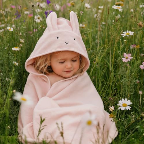Huxie Hooded Baby Towel – 100% Organic Cotton Baby Bath Towels – Baby Girl Newborn Essentials - Super-Soft and Absorbent. (Rabbit - Blush)