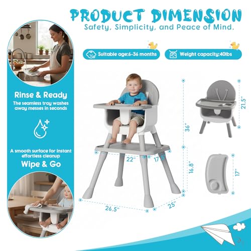 UNISWAN 6 in 1 Baby High Chair, Convertible Highchair for Babies and Toddlers (Grey)