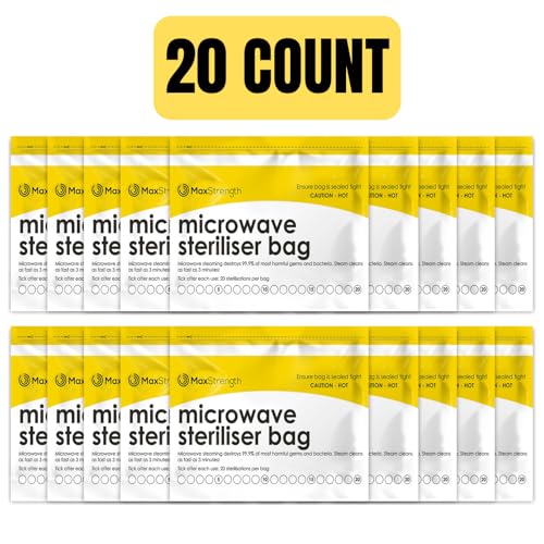 Max Strength Pro Microwave Steam Sterilizer Bags 20pc for Baby Bottles, Soothers, Teethers, Breast Pump Parts, Training Cups, Accessories, Reusable Large Bags, 20 Uses Per Bag, Easy Tracking System