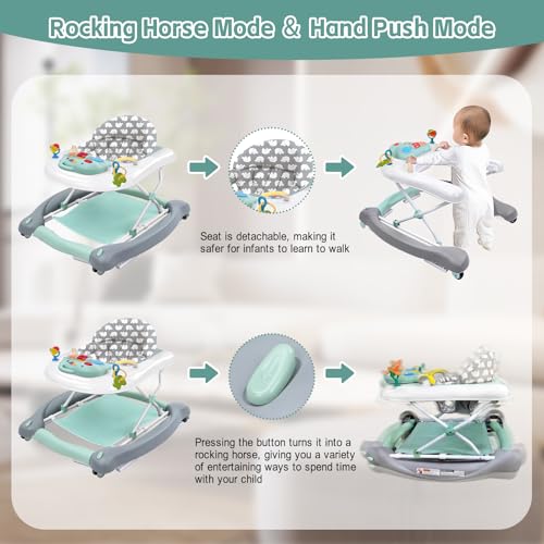 5 in 1 Foldable Baby Walker, Activity Baby Walker-Baby Bouncer, Rocker, Activity Center,Seat and Push Walker,Detachable Trampoline Mat, Adjustable Speed Rear Wheels and Height,Ages 6-18 Months(Mint)