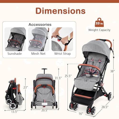 HONEY JOY Travel Stroller, One-Hand Quick Fold Lightweight Umbrella Stroller for Airplane, Wrist Wrap & Net, Multi-Position Recline, Overhead Friendly Compact Stroller for Newborn and Toddler(Gray)