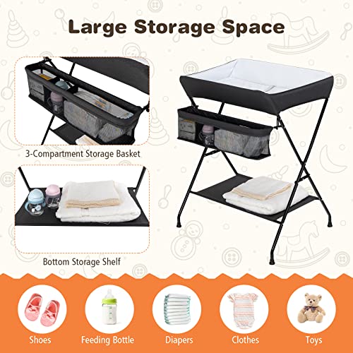 Costzon Changing Table, Portable Baby Changing Table Foldable Diaper Changing Station with Safety Belt, Large Storage Rack & Shelf, Nursery Organizer for Newborn Infant (Black)