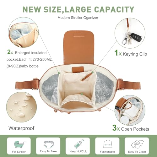 miss fong Universal Stroller Organizer with Insulated Cup Holder Stroller Caddy Baby Storage Bag with Adjustable Strap, Fits for Baby Carriage like Uppababy, Baby Jogger, Britax, Umbrella-Brown