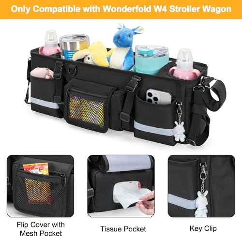 GRAOSO Parent Console Stroller Organizer Compatible with WONDERFOLD W4, with Four Insulated Cup Holders, a Removable Cooler Bag, Special Board Design Make It Not Easy Collapse and Tilting, Black