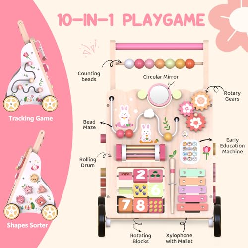 Wooden Baby Walker, Push Walker with Wheels, Montessori Activity Center Walker for Toddlers 12+ Months, Adjustable Height & Speed Learning Walking Toy for 1 Year Old Boys and Girls (Pink)